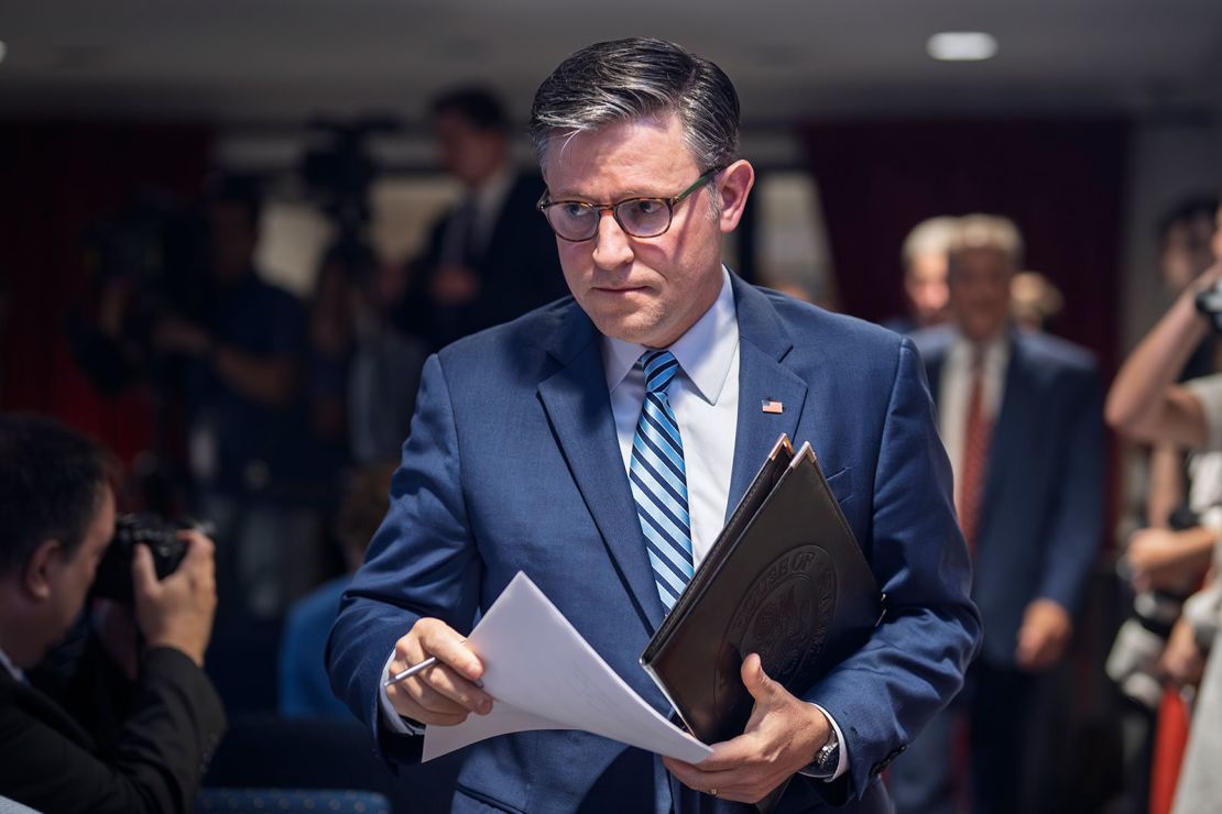 Speaker of the House Mike Johnson, R-La., arrives for a news conference at the Republican National Committee headquarters in Washington, Tuesday, July 15, 2025. (AP Photo/J. Scott Applewhite)