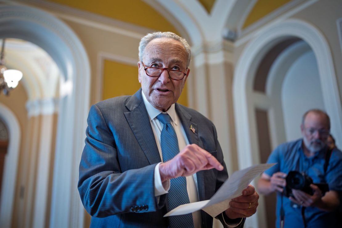 Senate Minority Leader Chuck Schumer speaks with reporters at the US Capitol on Thursday.