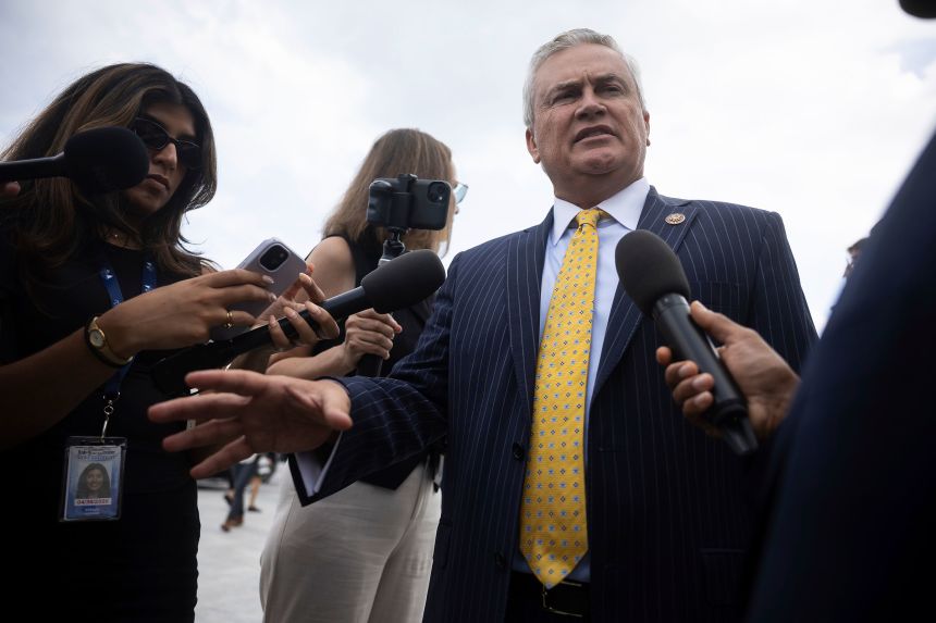 House Oversight Committee Chair James Comer speaks with reporters on Tuesday.