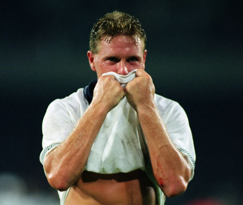 Paul Gascoigne of England lifts his shirt to his face during the 1990 World Cup in Naples, Italy.