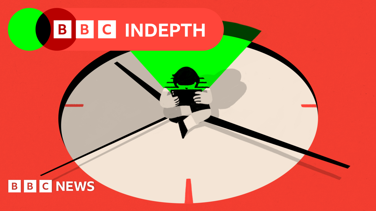 Illustration of young person holding a smartphone in the centre of a clock