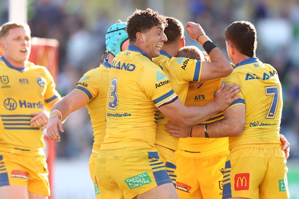 Charlie Guymer celebrates his first-half try.