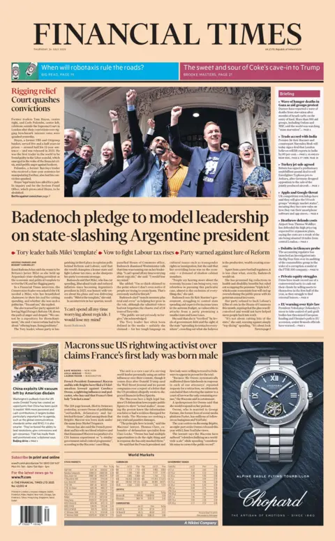 The headline on the front page of the Financial Times reads: "Badenoch pledge to model leadership on state-slashing Argentine president".