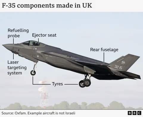 A BBC graphic showing an F-35 and parts which are made in the UK. Marked are tyres, laser targeting system, ejector seats and the real fuselage. 