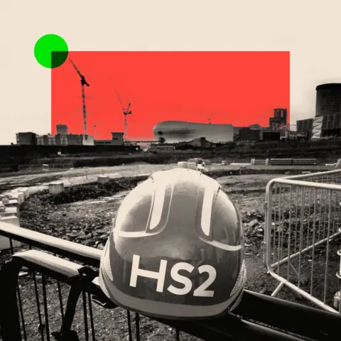 BBC A treated image of a HS2 safety helmet as it stands at the construction site of the Birmingham High Speed 2 rail station