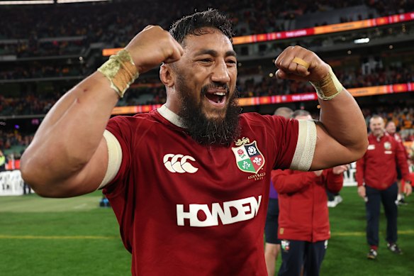Bundee Aki of the British & Irish Lions celebrates victory following the second test of the series between Australia Wallabies and British & Irish Lions at the Melbourne Cricket Ground