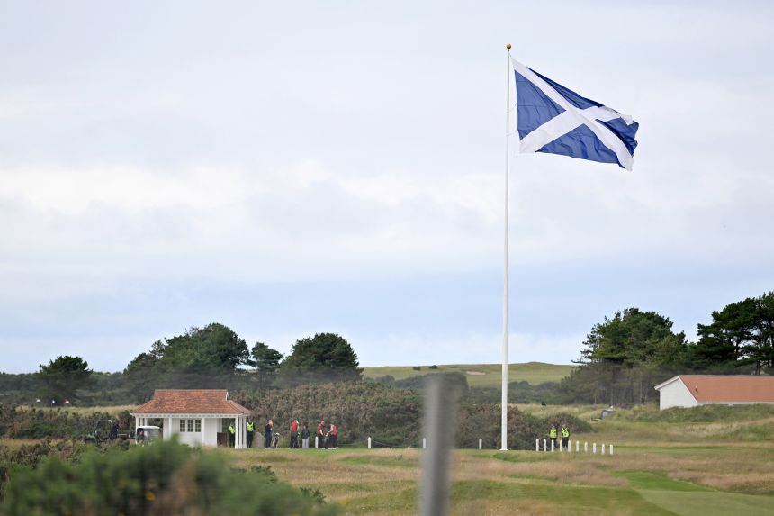 Police officers are seen on Trump Turnberry Golf Courses, in Turnberry on the south west coast of Scotland, on July 25, prior to the arrival of President Donald Trump.