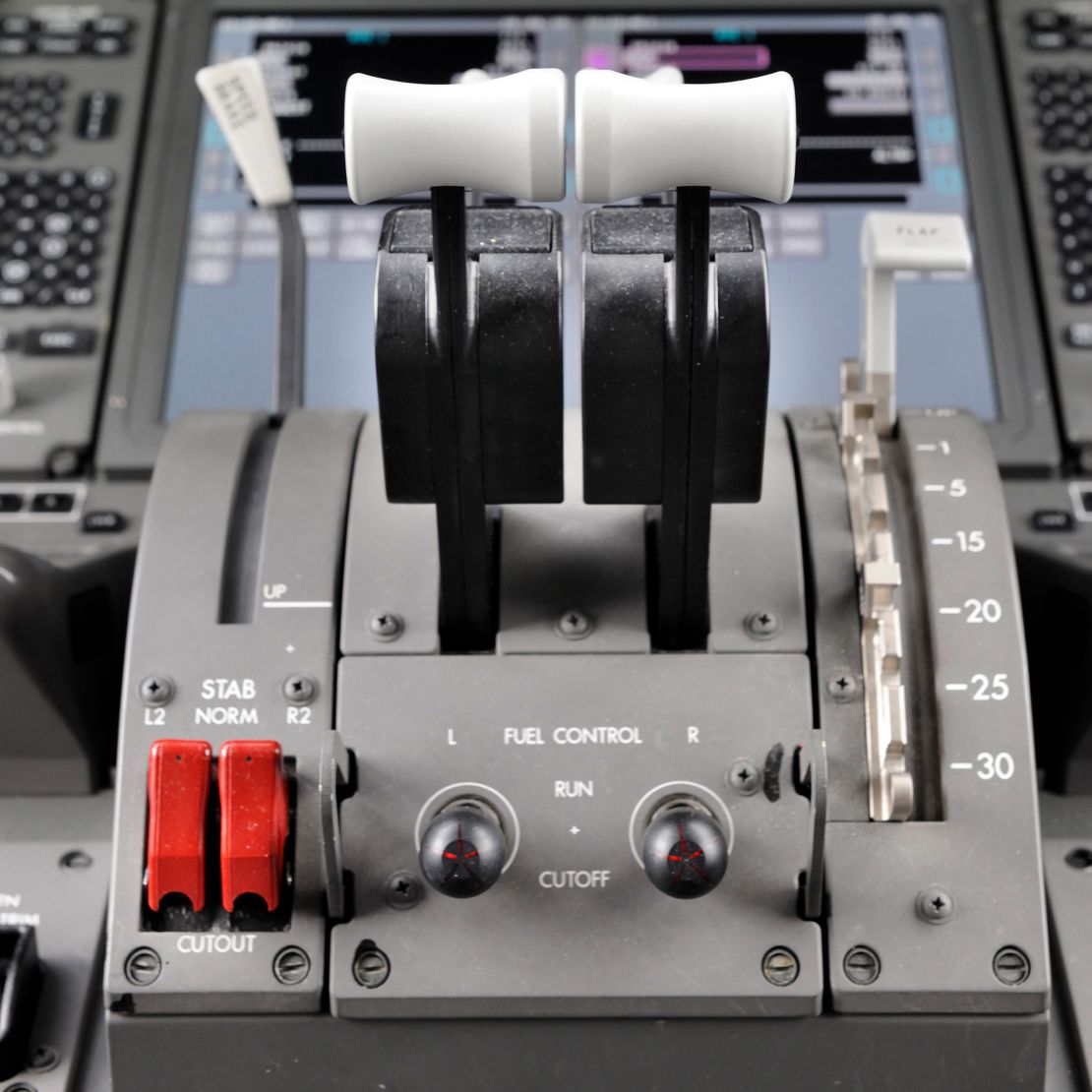 The fuel cutoff switches are seen below the throttle on a Boeing 787 in 2010.