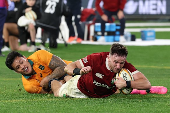 Hugo Keenan of the British & Irish Lions scores the winning try.