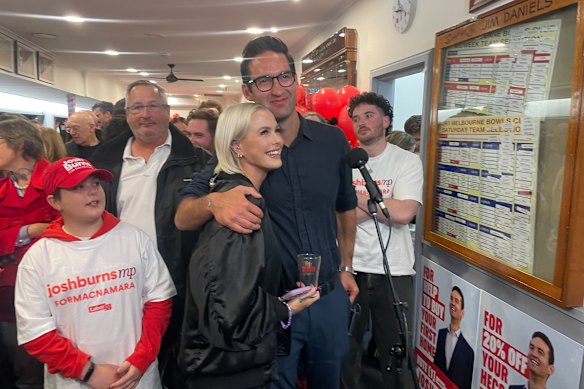 Burns and Purcell at the Labor MP’s election night function in the seat of Macnamara.