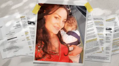BBC Graphic showing Constance Marten holding a child, against a background of redacted court papers