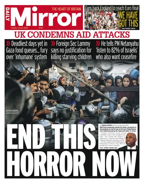 The headline on the front page of the Daily Mirror reads: "End this horror now". 