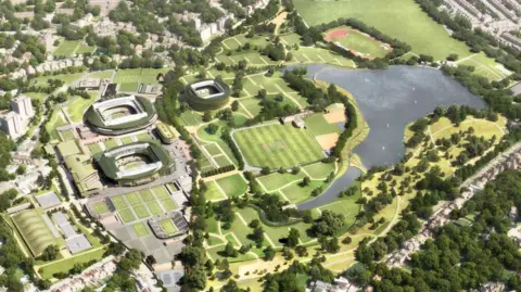 @Allies&Morrison/AELTC CGI image of a renovated Wimbledon Park, with stadiums, tennis courts, a park and lake. There are houses in the surrounding areas.