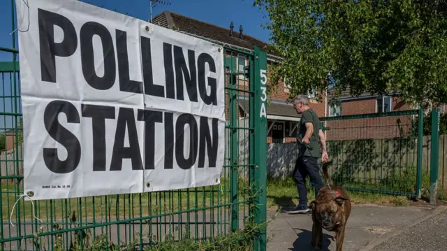 A man walks a dog by a polling station sign