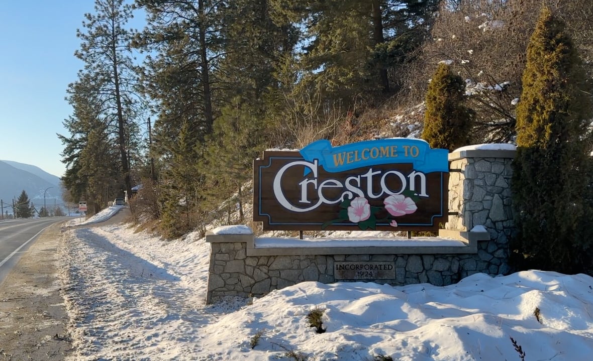Pictured is the Creston welcome sign in Creston, B.C. on January 14, 2024. 