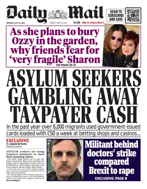 The headline on the front page of the Daily Mail reads: "Asylum seekers gambling away taxpayer cash". 