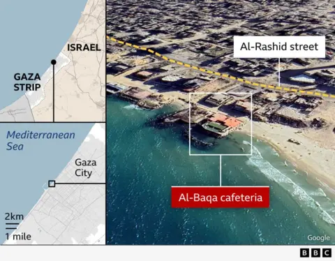 A composite map and satellite image showing the location of Al-Baqa cafeteria in Gaza City. The left side features a regional map highlighting the Gaza Strip along the Mediterranean Sea, with Gaza City marked. A more detailed city map below shows the location within Gaza City. The right side shows a satellite image of the coastline with the cafeteria building marked on the beachfront near Al-Rashid street. A yellow dashed line indicates the street’s location. The Mediterranean Sea is visible alongside the beach. The image is credited to Google and BBC.
