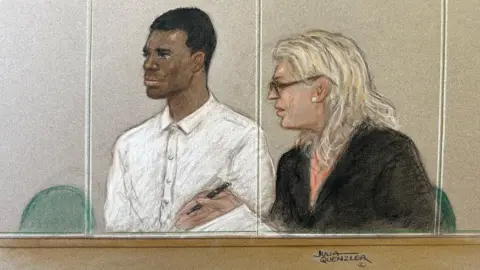 Julia Quenzler Court drawing of Yostin Mosquera (and interpreter) appearing at the Old Bailey.