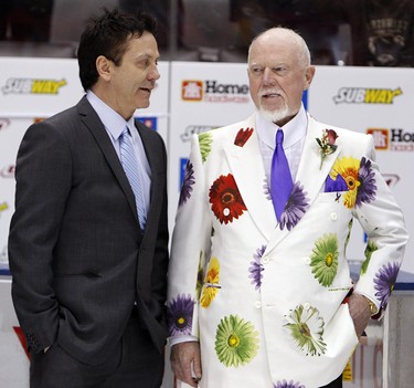 Coach Doug Gilmour talks to Coach Don Cherry after CHL/NHL Top Prospects game in 2011.
