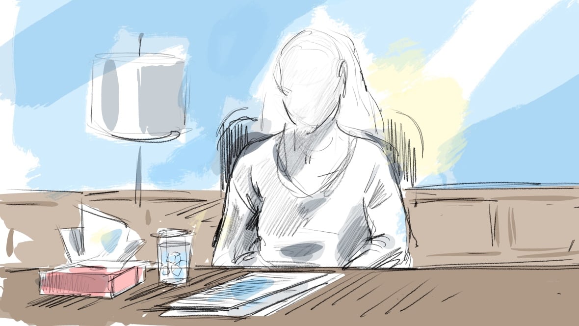 A court sketch shows a woman sitting at a table.