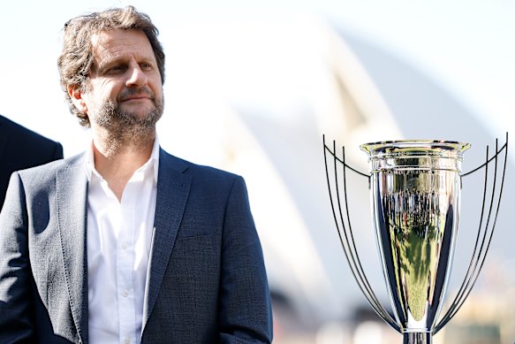 Matildas coach Joe Montemurro with the Asian Cup trophy.