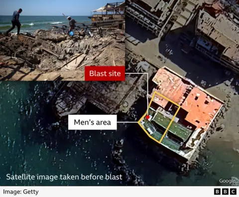 A composite image featuring a satellite view and a photo to show the location of al-Baqa cafeteria in Gaza City. The satellite image, taken before the explosion, features a yellow outline marking the men's area, labeled in white. A red label indicates the blast site, with an inset photo showing two men inspecting the resulting crater on the beachfront. Image is credited to Getty.