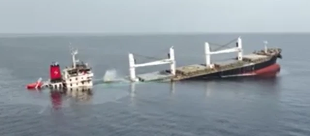 One of the frames from the video shows the ship sinking from the stern