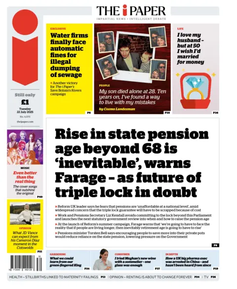 The headline on the front page of the i Paper reads: "Rise in state pension age beyond 68 is 'inevitable', warns Farage - as future of triple lock in doubt".
