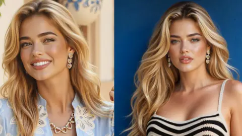 Seraphinne Vallora AI generated image of a woman with blonde hair wearing a blue floral top on the left and a black and white dress on the right 