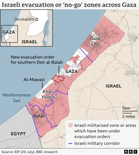 Map showing Israeli evacuation and militarised "no-go" zones in Gaza (21 July 2025)