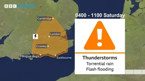 BBC Weather BBC Weather graphic showing the amber weather warning covering from Cambridge, over London and to the south coast including Bognor Regis and Eastbourne