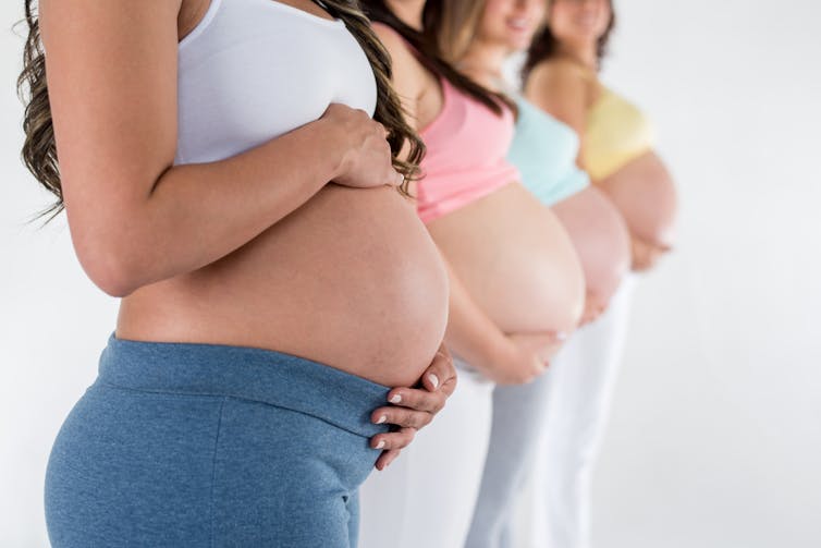 A row of pregnant womens' torsos, no heads.