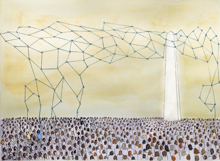 A neural network comes out of the top of an ivory tower, above a crowd of people's heads. Some of them are reaching up to try and take some control and pull the net down to them. Watercolour illustration.