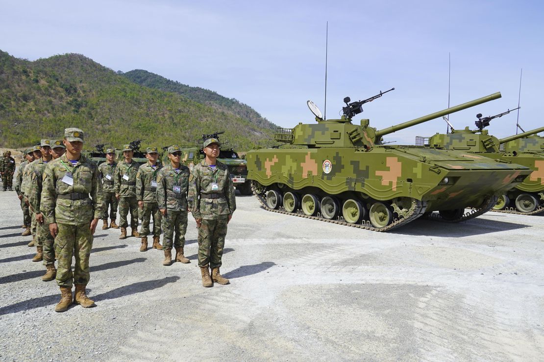 Chinese military personnel take part in the Golden Dragon joint military exercise with Cambodia in Svay Chok in Kampong Chhnang Province, Cambodia, on May 30, 2024.