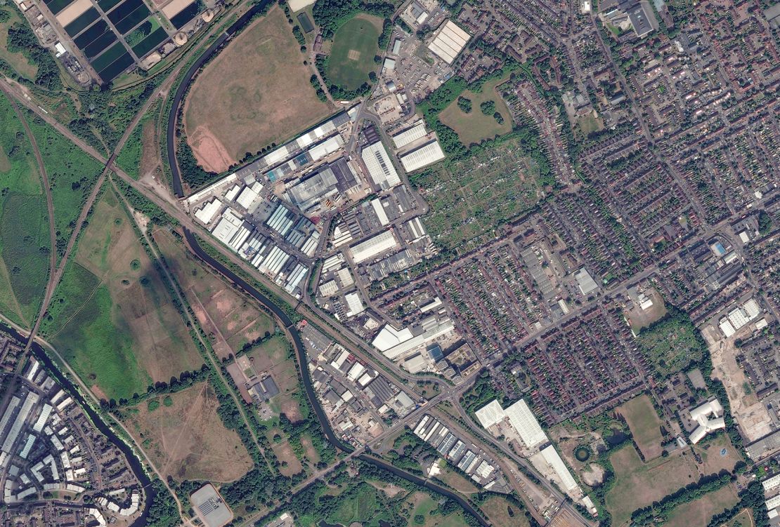 Satellite imagery from Maxar Technologies shows the Cromwell Industrial Estate on Staffa Road, east London, where a warehouse was set on fire in March 2024.