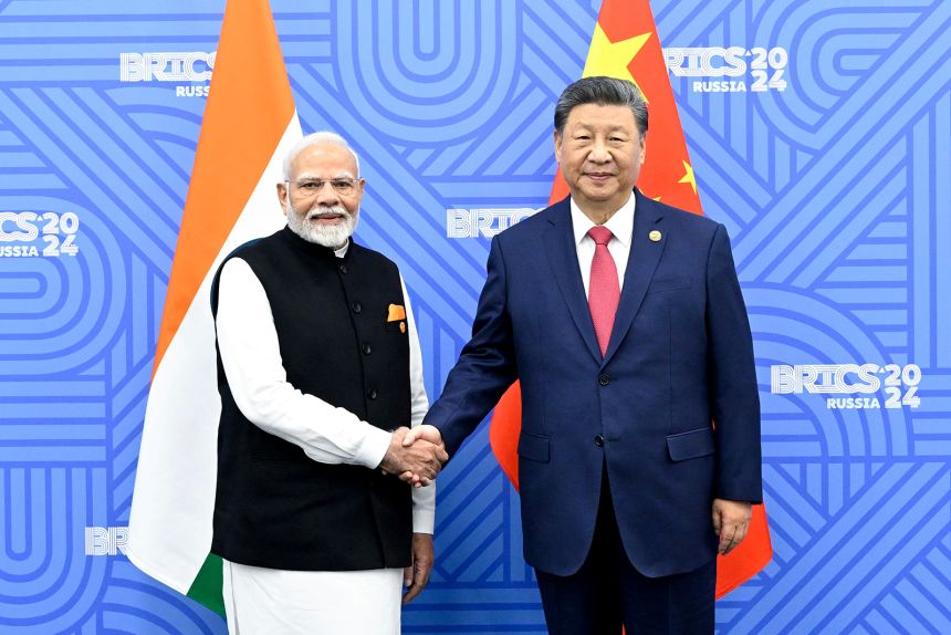 Chinese President Xi Jinping meets with Indian Prime Minister Narendra Modi on the sidelines of the 16th BRICS Summit in Kazan, Russia, October 23, 2024.
