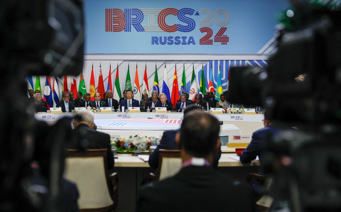 Officials, including Russian leader Vladimir Putin and Chinese leader Xi Jinping, attend the at the BRICS summit in Kazan, Russia, in October 2024.