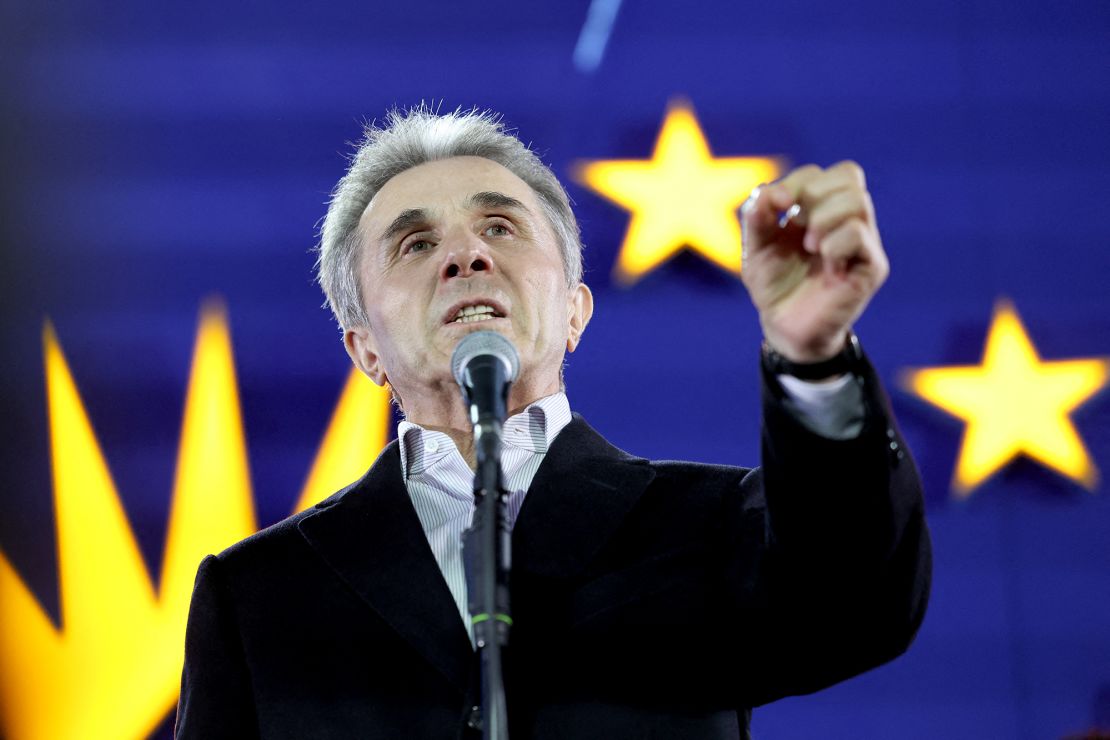 Founder of the ruling Georgian Dream party Bidzina Ivanishvili gives a speech at party headquarters after exit polls were announced during parliamentary elections in Tbilisi, Georgia, on October 26, 2024.
