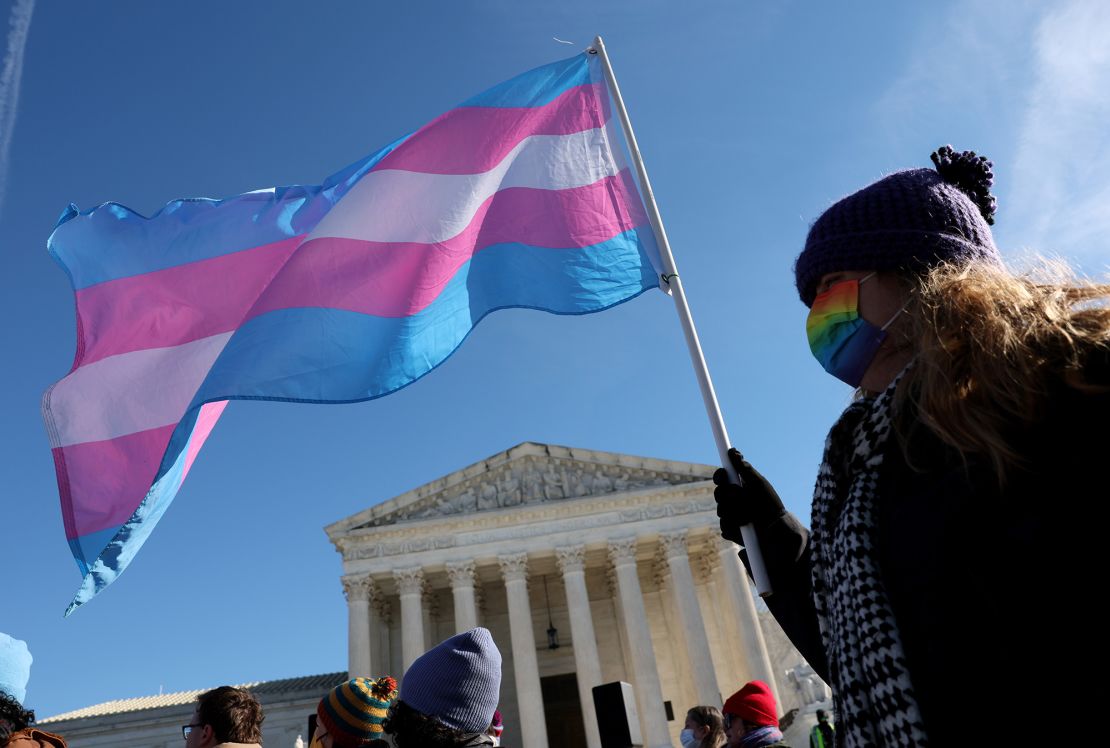 A transgender rights supporter takes part in a rally outside of the US Supreme Court as the high court hears arguments in a case on transgender health rights on December 4, 2024 in Washington, DC.