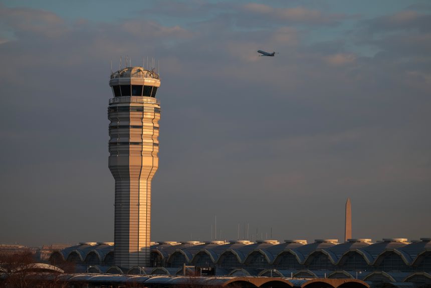 The air traffic control tower at Reagan National Airport in Arlington, Virginia.
