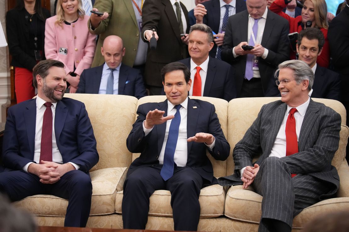 Vance and Treasury Secretary Scott Bessent, right, react as Rubio speaks during a meeting with Trump and British Prime Minister Keir Starmer in the Oval Office on February 27.