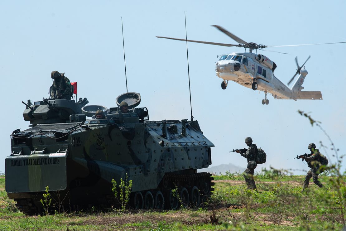 A Thai amphibious assault vehicle seen during an assault exercise as part of the Cobra Gold 2025 joint military exercise at the military base in Sattahip, Chonburi province, Thailand, on March 3, 2025.