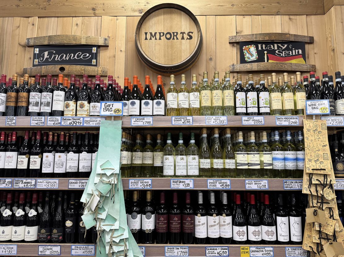 Bottles of European wine are displayed on a shelf at a Trader Joe's store on March 13, 2025 in San Rafael, California.