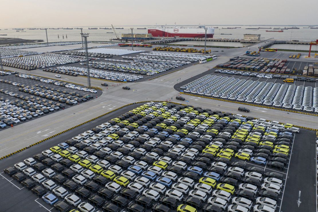 BYD electric cars wait to be loaded to the automobile carrier BYD 