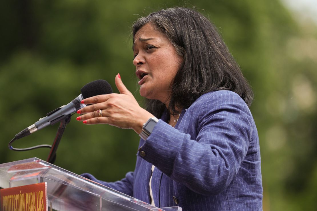 Rep. Pramila Jayapal (D-WA) speaks at a rally to free Kilmar Abrego Garcia at Lafayette Park near the White House in Washington, DC, on May 1, 2025.
