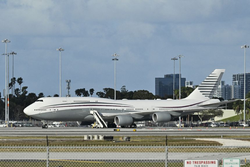 This February 15, 2025, photo shows a Boeing 747 on the tarmac of Palm Beach International airport after US President Donald Trump toured the aircraft.