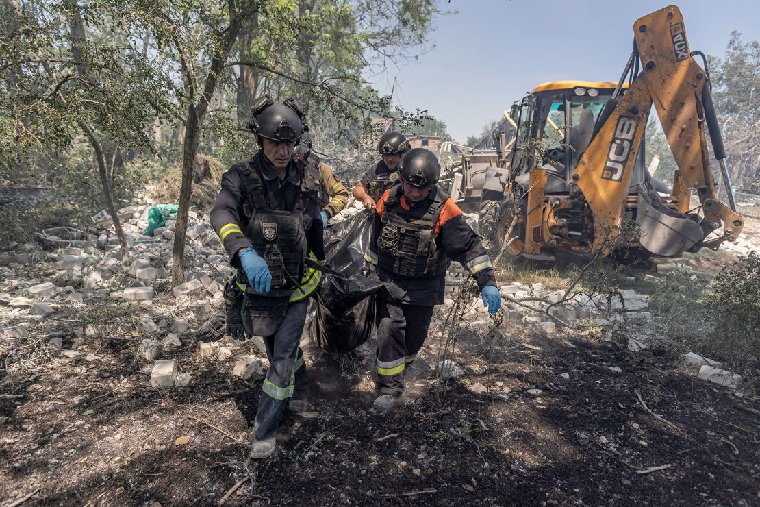 Emergency workers continue their search for bodies in the rubble of a destroyed building in Kostiantynivka, Ukraine on July 9, 2025.