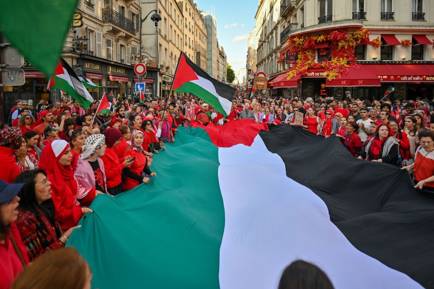 A crowd of protesters gather around a large Palestinian flag during the Red Line for Gaza demonstration in Paris, on July 8.