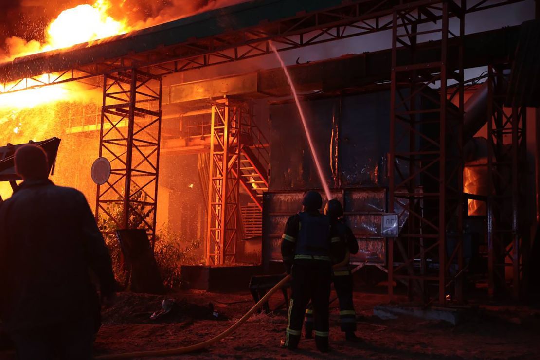 Smoke and orange flames rise after a Russian drone attack on civilian infrastructure in the Vinnytsia region of Ukraine on Wednesday, as Moscow launched one of the most ferocious assaults this week.