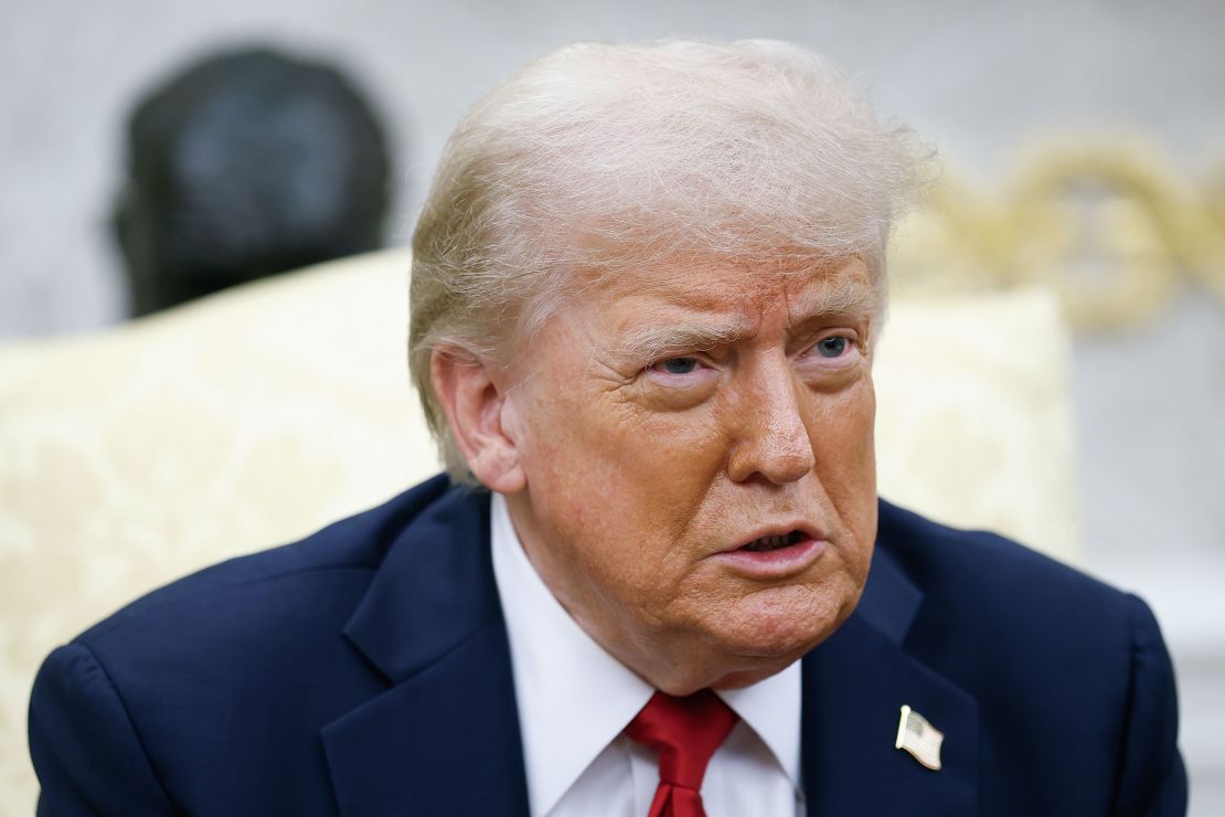 President Donald Trump delivers remarks while meeting with NATO Secretary General Mark Rutte in the Oval Office at the White House on July 14, 2025 in Washington, DC.